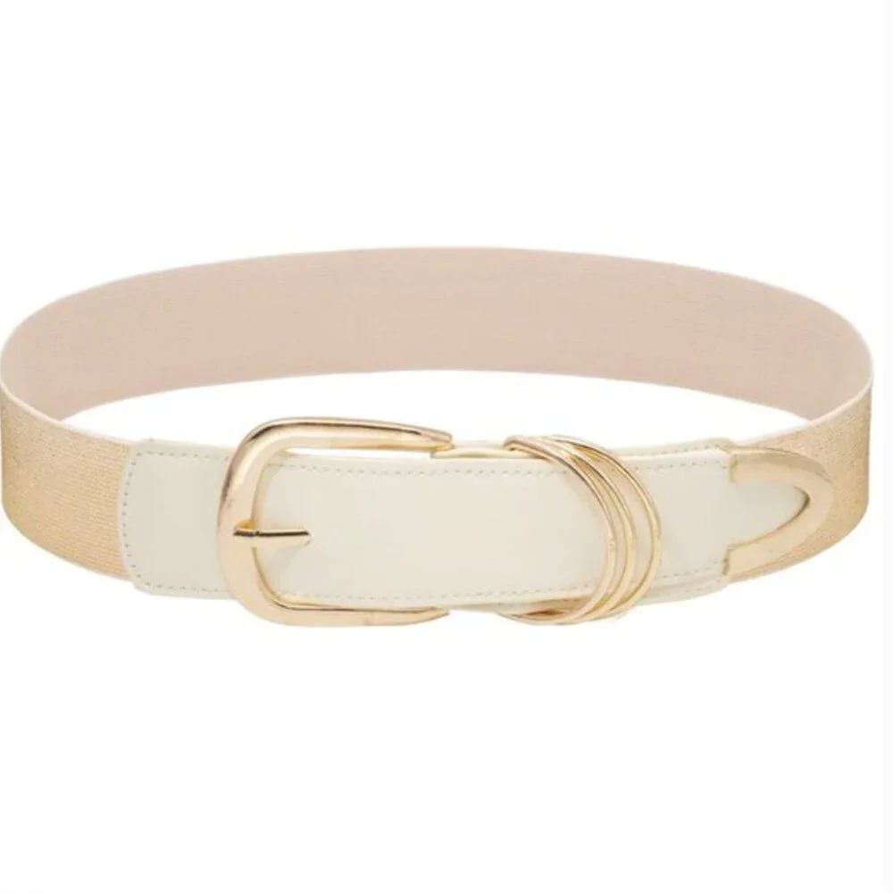 Women’s Wide Stretch Elastic Waist Belt – Bling Beige with Gold Buckle